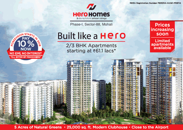Pay 10% now with no EMI & interest till possession at Hero Homes in Mohali